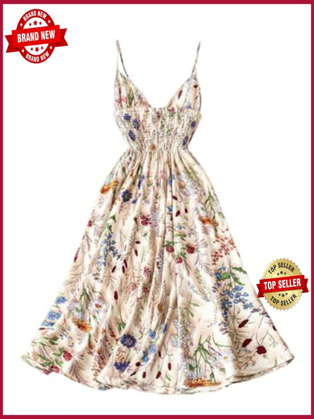 Women's Floral V-Neck Spaghetti Strap Midi Dress A-Line Flowy Boho Sundress - Picture 2 of 5
